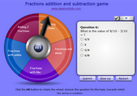 Adding and substracting fractions game, addition and subtraction of fractions with unlike denominators game for children, add and subtract fractions with like and unlike denominators game