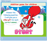 Santa claus addition xMas game for toddlers, preschoolers and first grade students, addition math game for children, single digit addition math game for kids