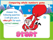 Whole numbers comparison game for children, comparing whole numbers using greater than, smaller than and equal sign comparison operators, how to order numbers by comparing them two by two, numbers ordering and sequencing holidays math game for grade 1