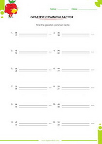 greatest common factor worksheet, GCF, LCM, number decomposition into prime factors worksheet