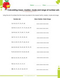 mean median mode and range of number sets worksheet.